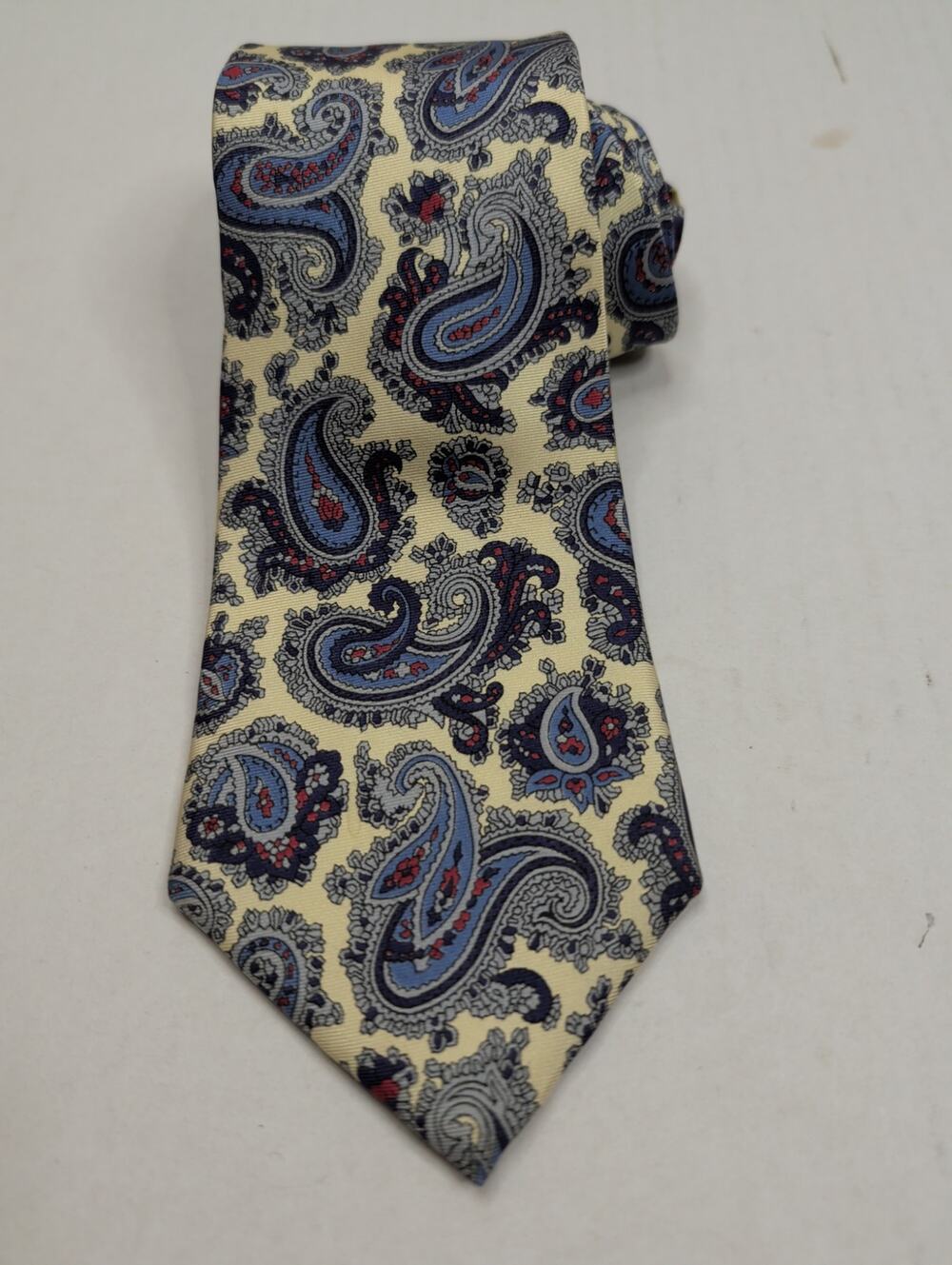 VTG Yves Saint Laurent 100% Silk Men's Tie Yellow Blue Red Paisley Made in USA